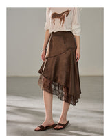 Asymmetric Lace Mix Silk Midi Skirt
