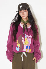 Long-sleeved funny and quirky print sheep-leg sleeve round neck contrast color T-shirt hoodie