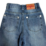 Rivet eyelet punching washed wide denim pants (Denim)