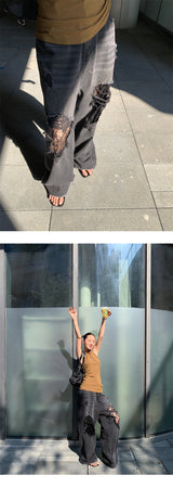 ヴィンテージレースパッチブラックデニムパンツ
