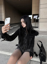 Black Fur Crop Denim Jacket