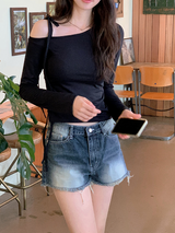 One Shoulder Slit Slim T-shirt (5color)
