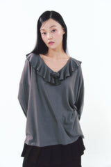 Rose Brooch Frill Long Sleeve Charcoal