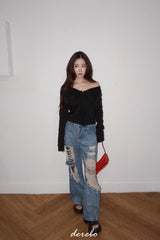 ブラックオフショルダー長袖Tシャツ