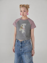レトロパッチワークカラーラグランスリーブのショートコットンプリントTシャツ
