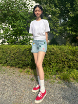 フラワーエンブロイダリーライトブルーデニムショーツ code 18201