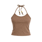 Beads Pigment Halter Neck Sleeveless Brown