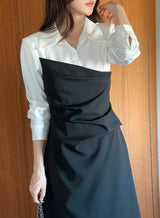 Sene color matching shirring drape shirt long one piece