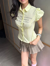 EatmePlz Yellow Letter Shirt サマースリムフィットトップス