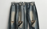 Andy Knee Damage Cutting Deep Washed Denim Wide Pants