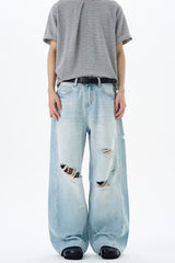 Blue Ripped Straight Jeans