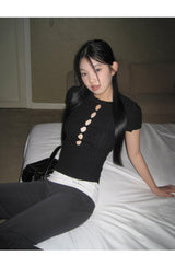 Hollow slit slim ribbed short sleeve tee