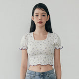 フリルクロップTシャツ - フラワーパターン
