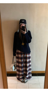 Cotton Check Casual Wide Pants