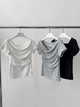 Hand shirring off-shoulder spandex short-sleeved T-shirt
