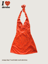 orange deep V-neck halter neck mini dress