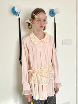 UnsocialNight2025 Autumn New Polka Dot Pleated Stitching Pink Doll Collar Loose Long-sleeved Shirt