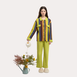 ロイヤル パープル アンド エメラルド グリーン コントラスト ストライプド スリープセット - 95% Cotton 5% Spandex Relaxed Pajamas