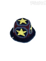 Cotton Linen Raffia Crochet Bucket Hat with Brim and 5 Granny Square Star Patches