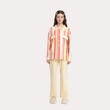 バイブラント オレンジ コントラスト ストライプ ロング スリーブ パジャマ セット - 95% Cotton Cozy Sleepwear