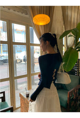 Back White Bow Long Sleeve Knit T-shirt