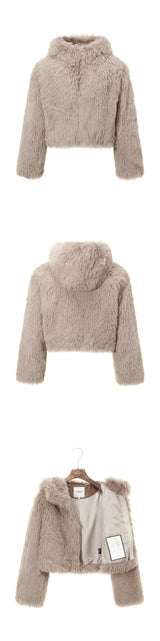 COMELY soft fur crop hoodie jacket [beige]
