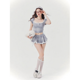 [GirlyFancyClub] Music Festival Outfit Plaid Short Top and Skirt Two-Piece Set Girl Group Style Sweet and Spicy Set