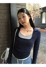 Square Navy Layered Long Sleeve T-Shirt