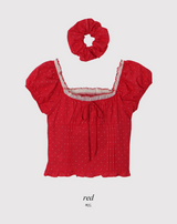 #RS Dot Puff Frill Short Sleeve Blouse + Scrunchie Set