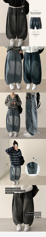Loen pocket incision line washing balloon wide denim pants