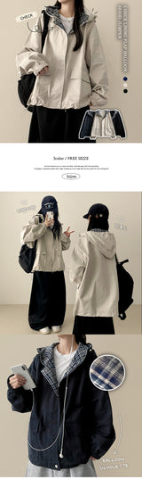 Cumin check color lining cotton boxy hoodie jumper