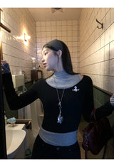 リップネックレイヤードロングスリーブチェックTシャツ