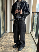 Striped Raw Denim Straight Leg Trousers