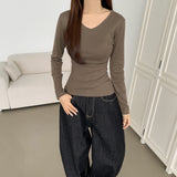 V-neck Side Shirring Point Daily Slim Fit Long-Sleeved T-Shirt