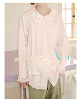 UnsocialNight2025 Autumn New Polka Dot Pleated Stitching Pink Doll Collar Loose Long-sleeved Shirt
