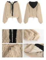Eyes Hooded Layered Fur Zip-Up Jacket
