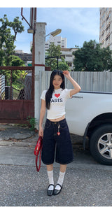 I LoveショートスリーブラウンドスパンデックスTシャツ
