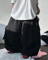 ハイクオリティ 🤍 ベルト & キーリング カーゴソリッドソフトバルーンワイドオーバーパンツ🩶🖤 - 2 カラーズ