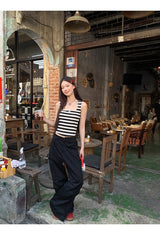 Lace Black Side Shirring Casual Pants