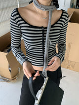 オーウェンストライプワイドユーネックロングスリーブTシャツ