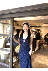 Navy Halterneck Flower Long Dress