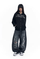 Lettering Embroidered Hoodie Zip-Up - Black