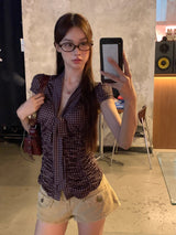 Dot Silk Shirring Strap Short-Sleeved Blouse