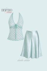 milk mint halter blouse silk skirt two-piece (TOP) 