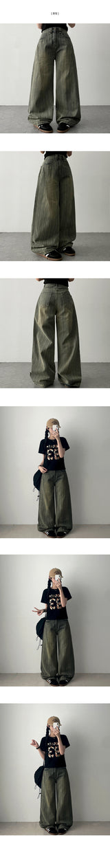 Mack Washing Stripe Diagonal Slot Denim Wide Pants