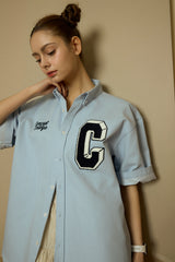 ネイビーCパッチライトブルーデニムショートスリーブシャツ [Unisex]
