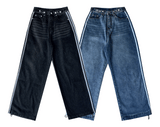 Gradient washing waist strap adjustable string three stripe track denim pants (2 colors)
