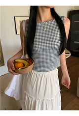 Blue Check Backless Ribbon Sleeveless Tee