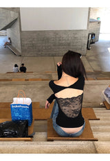 Backless lace point black long-sleeved shirt