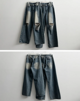 Andy Knee Damage Cutting Deep Washed Denim Wide Pants